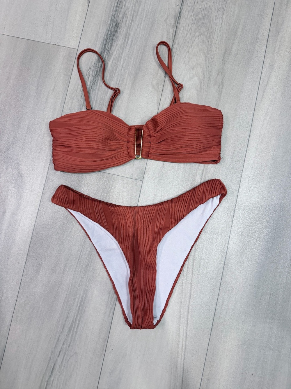 Rust Ribbed Bandeau Bikini Set - Women Swim